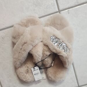 Express Beige Faux Fur Slippers with Crystal Accent
